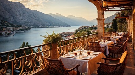 terrasse de restaurant au bord de la mer, confortable et au calme avec vue dégagée - obrazy, fototapety, plakaty