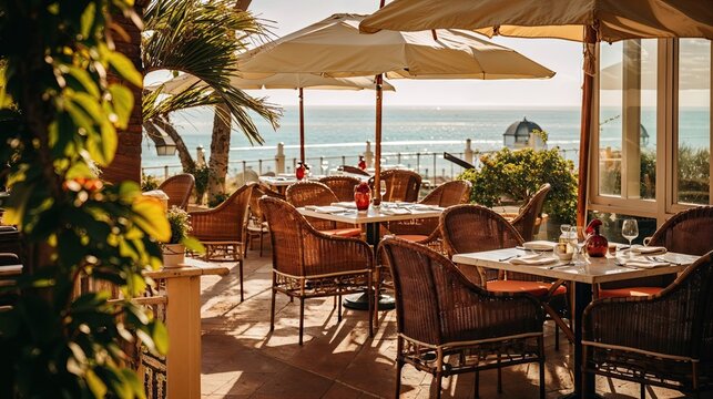 terrasse de restaurant au bord de la mer, confortable et au calme avec vue d&eacute;gag&eacute;e