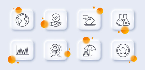 Loyalty points, Approved checkbox and Loyalty star line icons pack. 3d glass buttons with blurred circles. Voting ballot, Line graph, Chemistry lab web icon. Vector