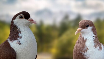 Beautiful two pigeon with nature blur background