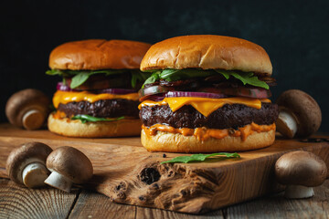 Two delicious homemade burgers of beef, cheese and mushrooms on an wooden table. Fat unhealthy food