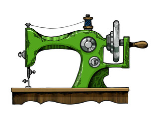 Sewing machine engraving sketch hand drawn color vector illustration. Scratch board style imitation. Hand drawn image.