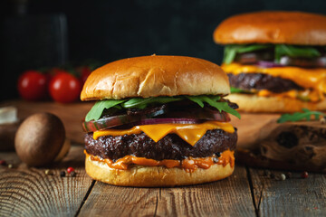 Two delicious homemade burgers of beef, cheese and mushrooms on an wooden table. Fat unhealthy food