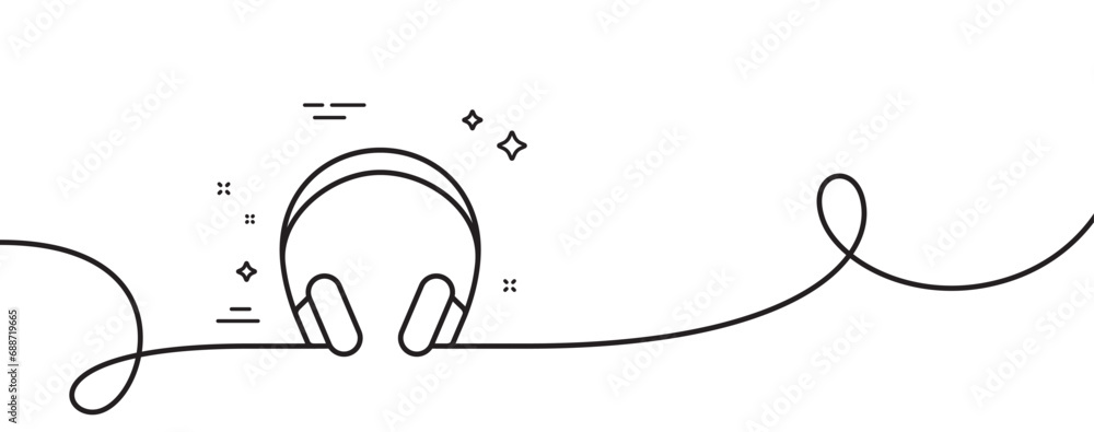 Poster headphones line icon. continuous one line with curl. music listening device sign. dj or audio symbol