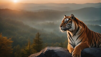 Tiger watching the view of foggy forest from the top of a high rock, sunset, with copy space

