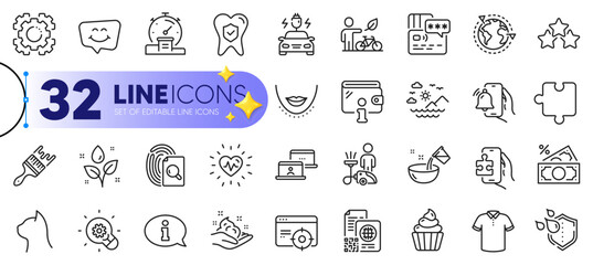 Outline set of Smile chat, Card and Seo gear line icons for web with Car charging, T-shirt, Brush thin icon. Wallet, Cooking water, Money tax pictogram icon. Waterproof, Seo targeting. Vector
