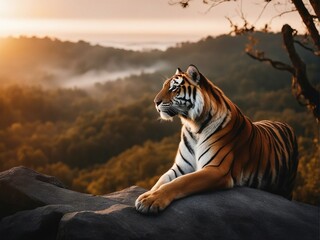 Tiger watching the view of foggy forest from the top of a high rock, sunset, with copy space

