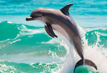 Seascape. A dolphin emerges from the sea against the backdrop of waves