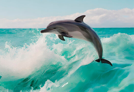 Seascape. Dolphin comes out of the sea, waves, sky, horizon