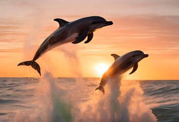 Seascape. Two dolphins emerge from the sea against the backdrop of sunset