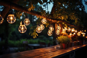Decorative outdoor string lights hanging on tree in the garden at night time - obrazy, fototapety, plakaty