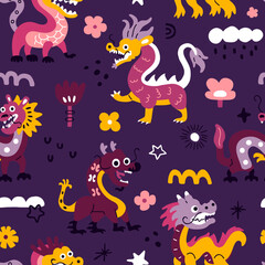 Vector seamless background pattern with floral Chinese dragons for surface pattern design 