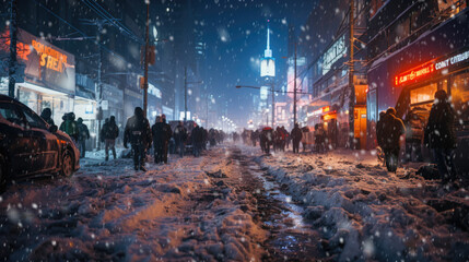 Evening winter scene in snowy city afetr heavy snowfall. Snowy Street with Pedestrians, Transports and City Lights