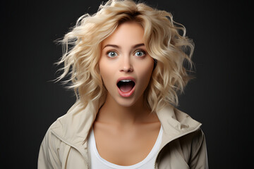 Astonished woman with messy blonde hair and open mouth