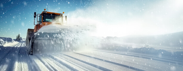 Snow Plow Clearing Winter Road Under Bright Sunlight