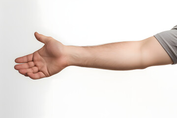 Extended human arm with open hand on white background