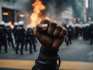 clenched fist in protests, there are cops and smoky flames in the background
