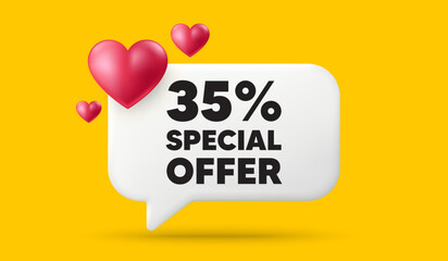35 percent discount offer tag. 3d speech bubble banner with hearts. Sale price promo sign. Special offer symbol. Discount chat speech message. 3d offer talk box. Vector - obrazy, fototapety, plakaty