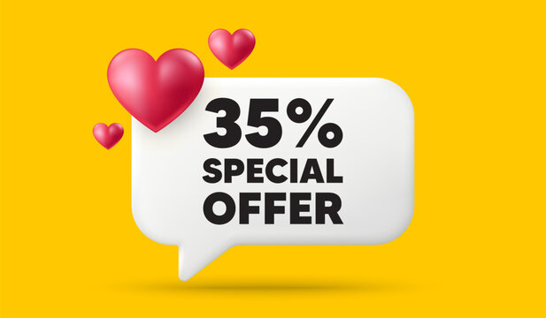 35 percent discount offer tag. 3d speech bubble banner with hearts. Sale price promo sign. Special offer symbol. Discount chat speech message. 3d offer talk box. Vector
