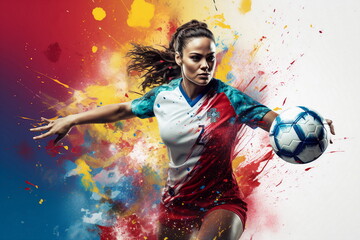 graphic of woman player shooting football - obrazy, fototapety, plakaty