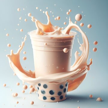 smoothly Bubble tea in plastic cup and mlik dropped on surface