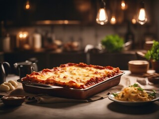 delicious home made traditional lasagna with ingredients at kitchen 

