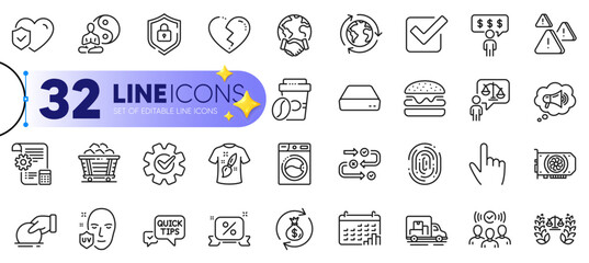 Outline set of Takeaway coffee, Mini pc and Squad line icons for web with Survey progress, Life insurance, Cursor thin icon. Money exchange, Shield, Lawyer pictogram icon. Broken heart. Vector