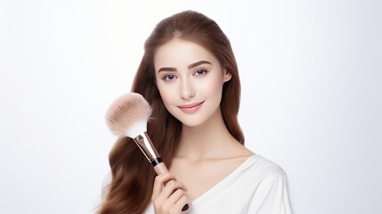 Fototapeta premium The makeup artist is a beautiful woman who applies natural makeup and holds a makeup brush on a white background.