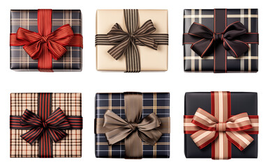 Collection of sophisticated and original high-resolution gift packages with cool bows on a transparent background. Pairings inspired by fashion design.