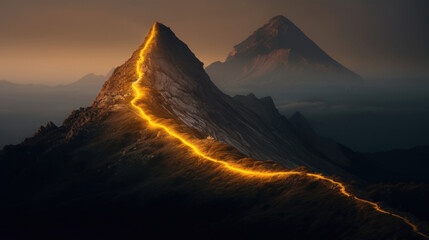A glowing orange line along a mountain ridge leads to a mountain peak, fog