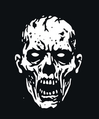 White zombie head on a black background. Flat vector illustration. Horror. Halloween