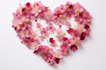 Heart made of blooming flowers on white background