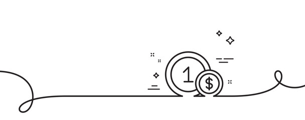 Coins line icon. Continuous one line with curl. Money sign. Dollar currency symbol. Cash payment method. Usd coins single outline ribbon. Loop curve pattern. Vector