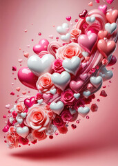 Festive composition from roses and hearts for Valentine's day on light pink background