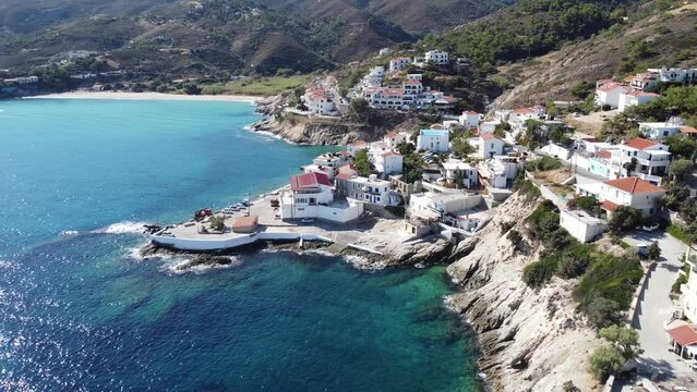 Aerial drone view of Armenistis fisher town in Ikaria. Classical Greek town of the Aegean Islands