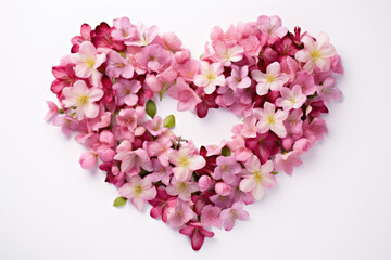 Heart made of blooming flowers on white background