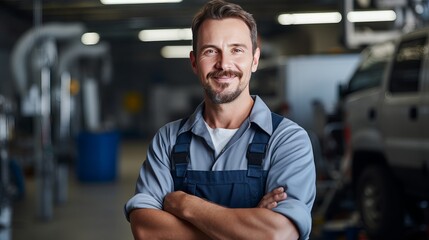 A male mechanic is displaying a wrench against a white background while smiling confidently.