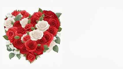 card of a heart made up of red and white roses on a textured white background
