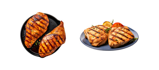 Grilled Chicken Set: On Pan from Above and On Plate from the Side, Isolated on Transparent Background, PNG