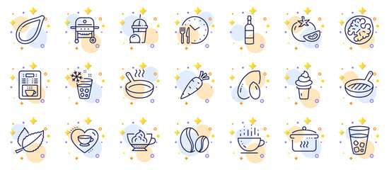 Outline set of Walnut, Pumpkin seed and Espresso cream line icons for web app. Include Coffee cup, Ice maker, Love coffee pictogram icons. Food time, Ice cream, Brandy bottle signs. Vector