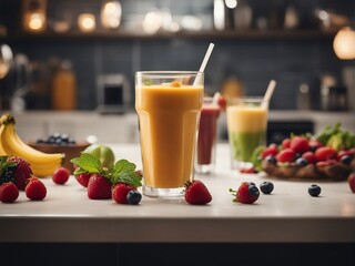 delicious smoothie with raw fruits at kitchen

