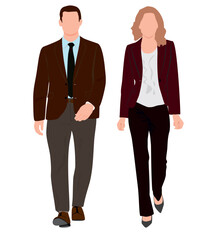 Pair of business man and woman in different pose walking.  Business people posing. 