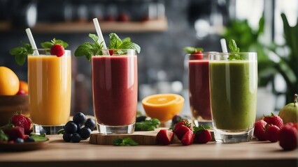 delicious smoothie with raw fruits at kitchen

