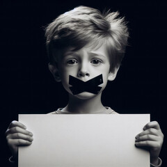 Little boy with gagged mouth holding white poster on solid black background. ai generative - obrazy, fototapety, plakaty