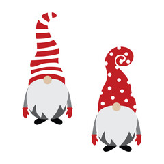 Christmas gnome, Scandinavian gnome. Two gnomes in red caps on white. Vector illustration