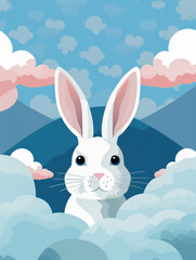Cute fluffy bunny in the sky sitting amongst clouds with hills beyond.