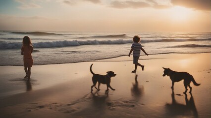 dog and kids playing on the beach

