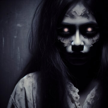 Scary spooky female ghost with glowing eyes. ai generative