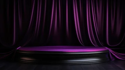 Foto op Canvas Glossy black display platform with purple drapes in backdrop, Premium showcase mockup template for Beauty, Cosmetic, Luxury products, with copy space for text © DigitalParadise