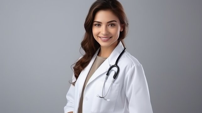 A photo of a young female doctor wearing a white medical suit and protecting mask with a stethoscope and pills against a white background.